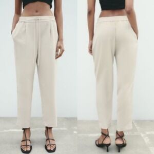 ZARA Flowy Ankle Pants Drawstring Tapered Leg Relaxed Fit Cream/Ivory Size L